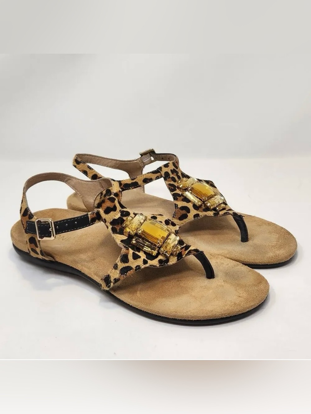 Vionic Leopard Print Sandals with Yellow Gemstone Accent
